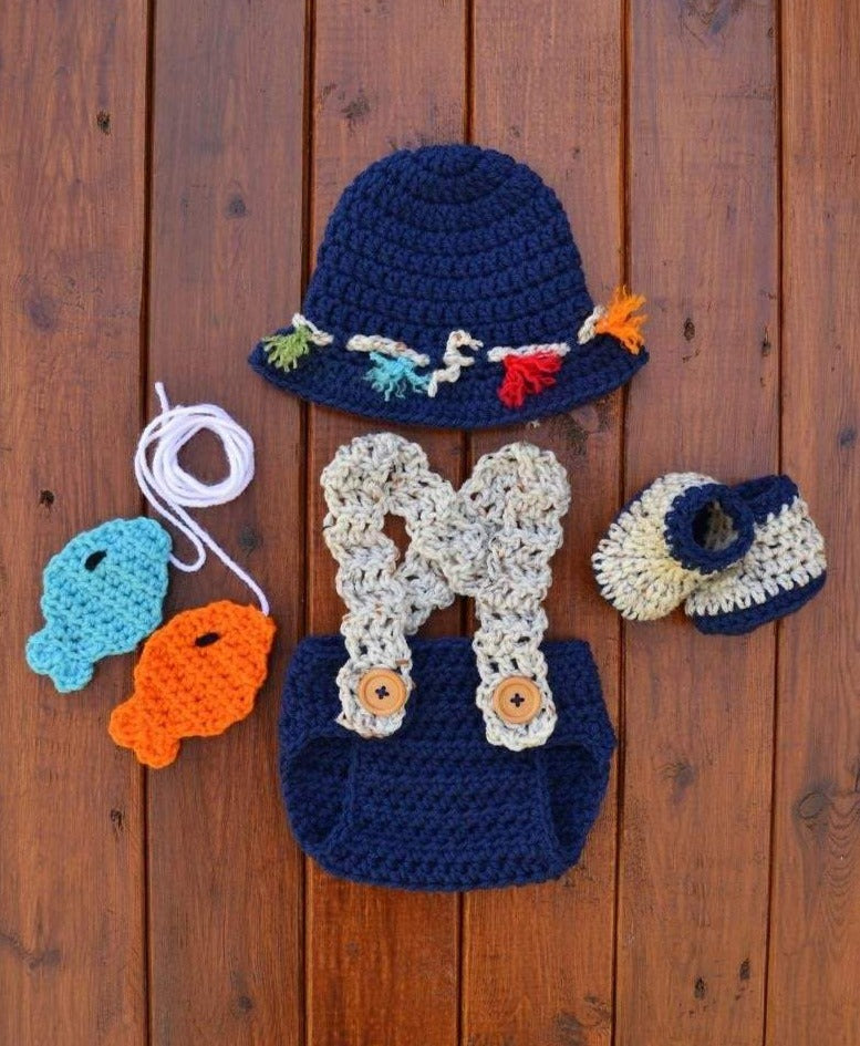CrochetBabyProps Crochet Fisherman Outfit - Enhancing Fisherman Photo Props Newborn / Navy/Grey / Hat+Diaper with Suspenders+2 Fish