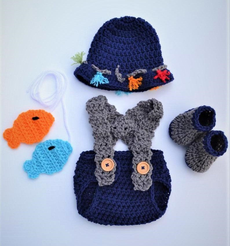 CrochetBabyProps Crochet Fisherman Outfit for Photo Prop 0-3 Months / Navy/Grey / Hat+Diaper with Suspenders+2 Fish