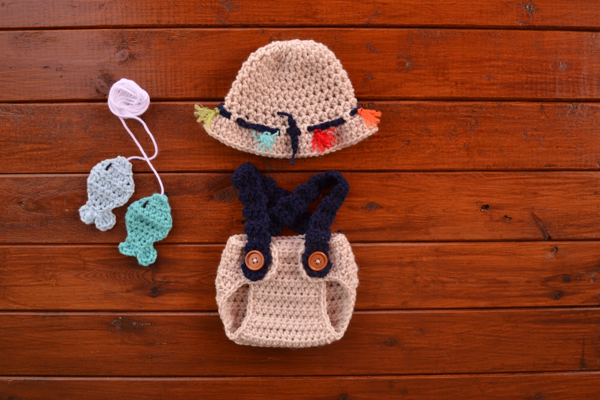 CrochetBabyProps Fishing Newborn Photo Outfit Newborn / Linen/Navy