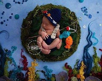 Baby Fishing Set, Baby Fisherman, Newborn Fishing Set, Newborn Fishing Hat,  Fishing Outfit, Crochet Fishing, Crochet Baby Hat, Fishing Prop 