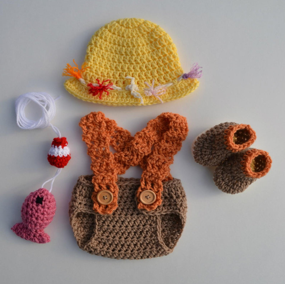 CrochetBabyProps Newborn Crochet Fisherman Outfit 0-3 Months / Hat+Diaper with Suspenders+Stuffed Fish with Bobber / Taupe/Desert Glaze