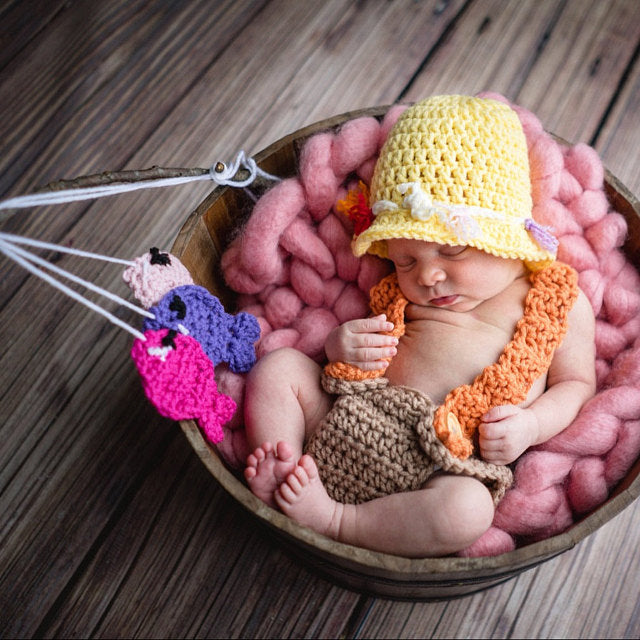 CrochetBabyProps Newborn Crochet Fisherman Outfit 0-3 Months / Hat+Diaper with Suspenders+Stuffed Fish with Bobber / Taupe/Desert Glaze
